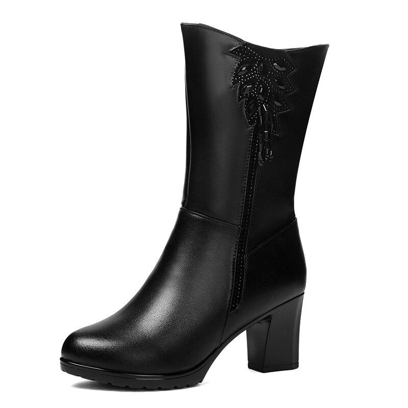 Bottes d'hiver chaudes en laine naturelle pour femmes, bottes à talons hauts, bottes de neige pour dames