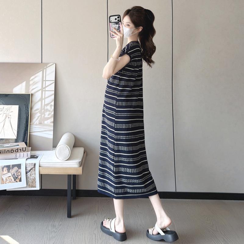 New Summer Ice Silk Maternity Dress with Short Sleeve Polo Collar and Slimming Color Block Stripes