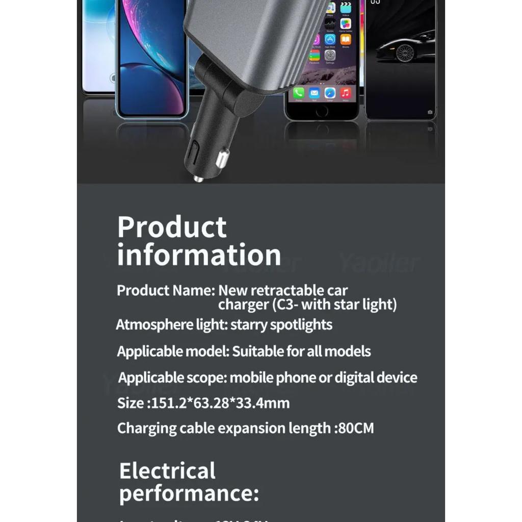 Upgraded 120W PD+USB Quick Charger with 2 Retractable Cable Fast Charging Car Phone Charge W/ Ambient Light 4 In 1 Power Adapter