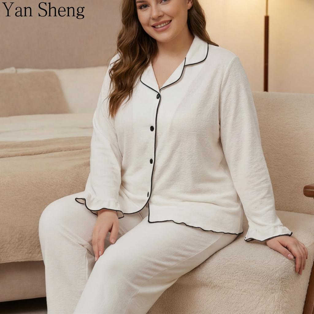 Women Pajama Set, White Plus Size Lapel Long Sleeve Contrast Trim Loose Wide Leg Loungewear Two Piece Outfit For Spring Autumn