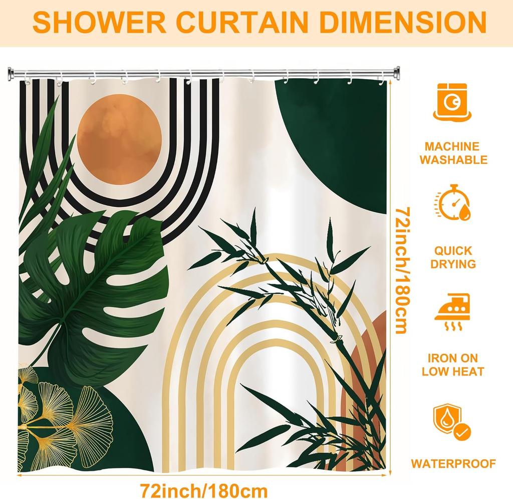 Modern Mid Century Green Leaves Boho Shower Curtain,Bathroom Shower Curtains Bathtub Home Decor Waterproof Fabric Machine Washab