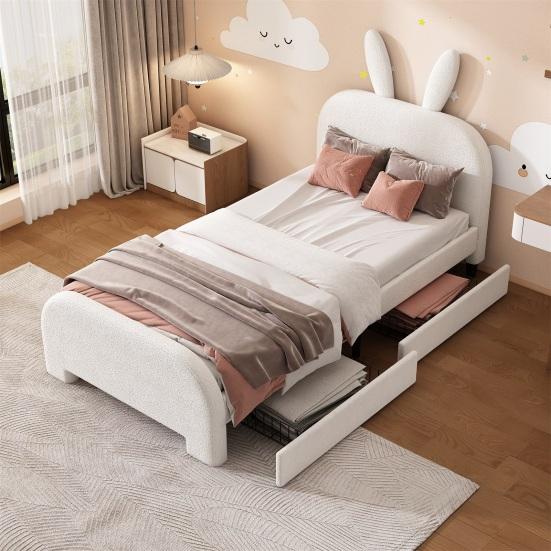 Weiches Bett 90x200cm Hasenform Samtstoff Kinder mit Kopfteil 2 Schubladen Ergonomisches Design Starke Holzlattenrost-Unterstützung Heimmöbel Kinder