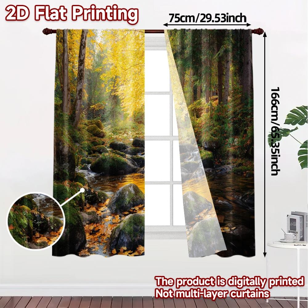 2pcs, 2D FLAT PRINTING Curtains (Without Rod) Golden Stream Fashionable Popular Curtains Semi-Sheer Curtains Home Decor Suitable
