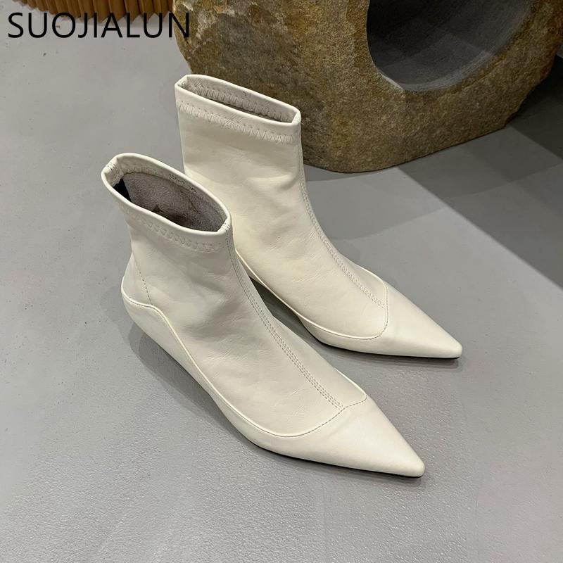 Fashion SUOJIALUN Winter New Thin Low Heel Women Ankle Boots Fashion Pointed Toe Slip On Chelsea Boots Shoes Soft Leather Short Boots