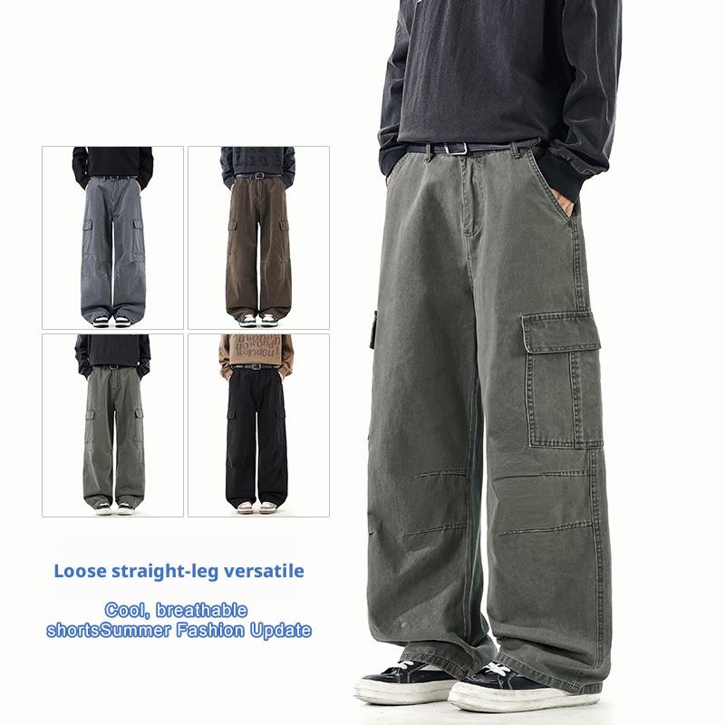 Men's Autumn Winter New Cargo Pants Relaxed Straight Multi Pocket Washed Casual American Style Trousers