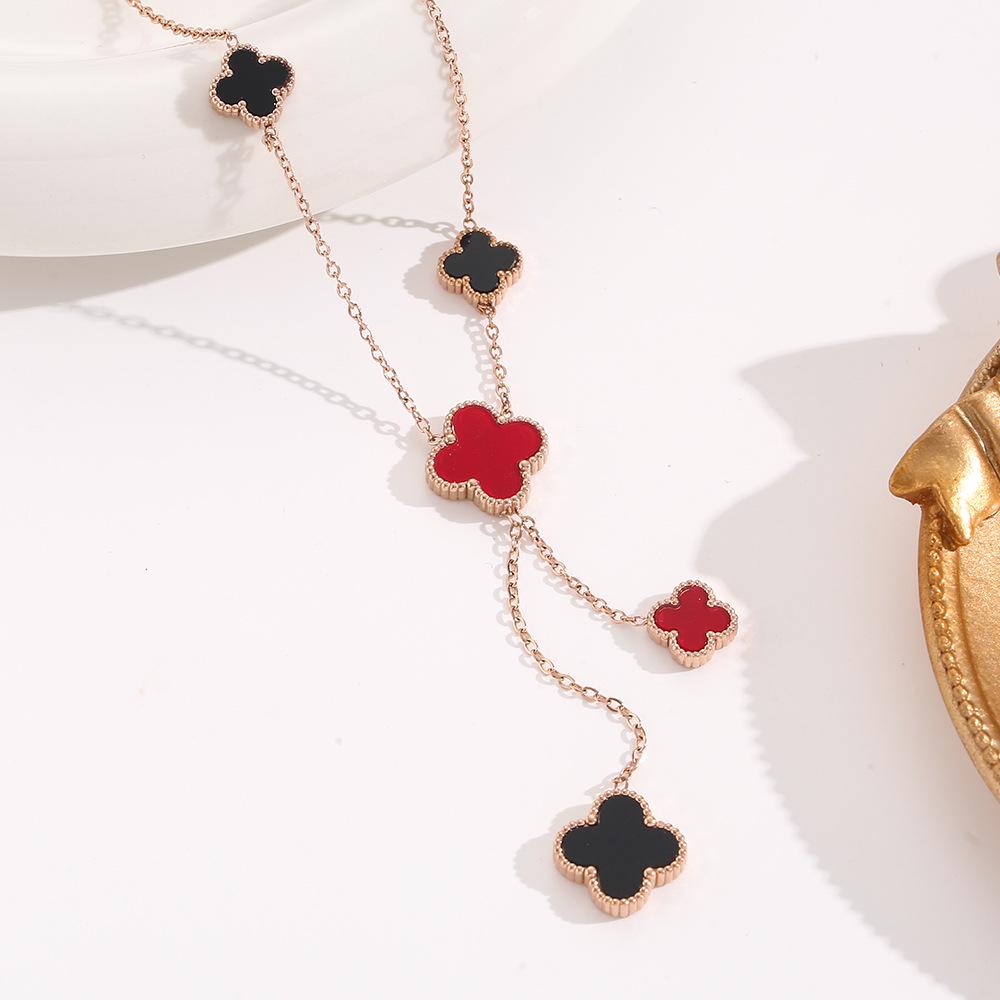 Elegant Gold-Plated Chinese-Style Four-Leaf Clover Necklace with Imitation Hetian Jade Pendant for Women