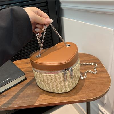 Sac Bandoulière d'Été pour Femmes Nouveau Sac à Épaule Tressé à la Main + Cuir Sac à Main Design Amour Mignon Sac de Vacances de Plage pour Femmes