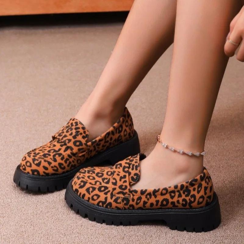 Fashion Women's Fashion Leopard Patchwork Slip-on Loafers Chunky Heel Platform Casual Shoes 2024 New Ladies Moccasins Shoes Plus Size