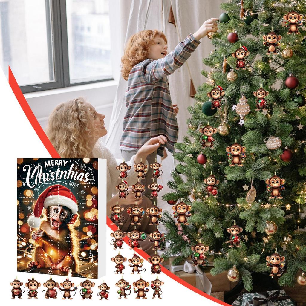 Christmas Countdown Calendar with Acrylic Monkey Pendants 2D Car Ornament 24-Day Advent Calendar for Holiday Home Office Decor