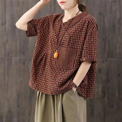 VAYLA Fashion Cotton Linen T Shirt Women Half Lapel Short Sleeve T-shirt Summer Trend Tshirt Vintage Pocket Large Size Loose Plaid Top