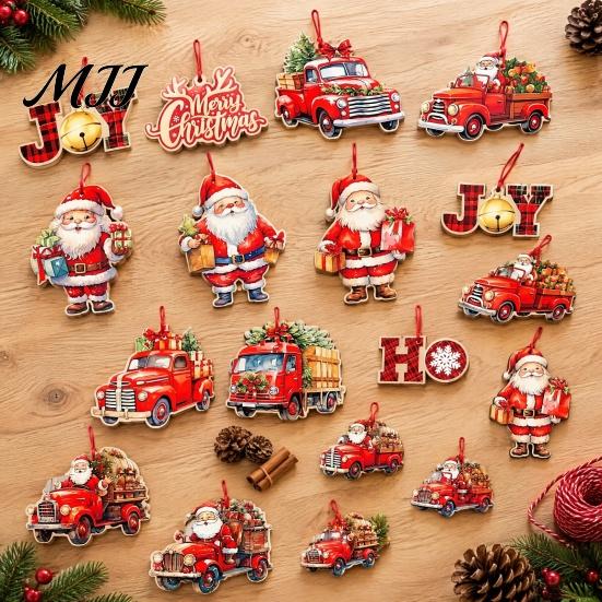 Santa Claus Decor 12/24/36Pcs Christmas Wooden Ornaments, Red Truck Hanging Decorations with Rope, Xmas Window Tree Pendant, Holiday for Home