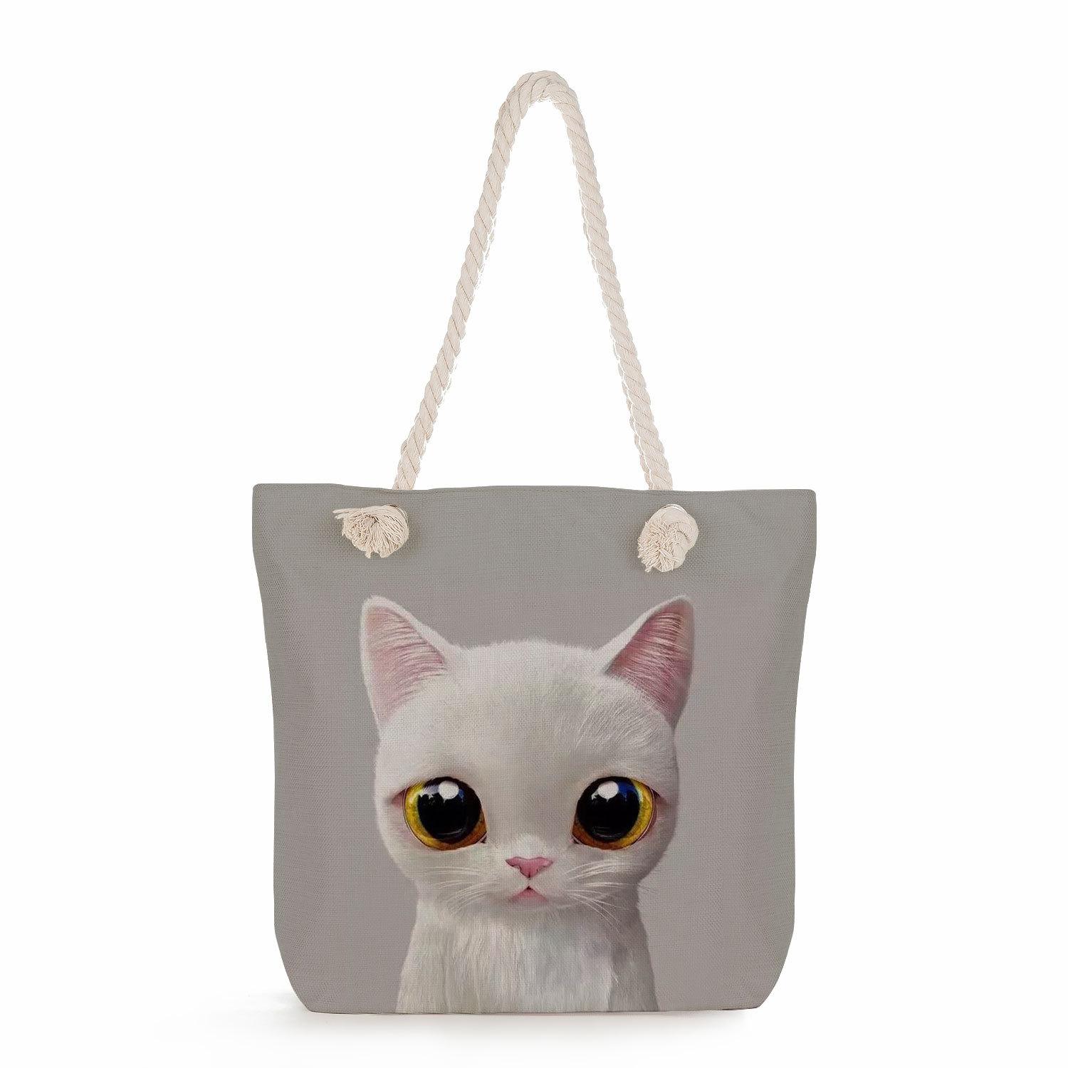 

Multifunctional Cute cat Printed Thick Rope Shoulder Beach Bag Casual large capacity handbag 7608