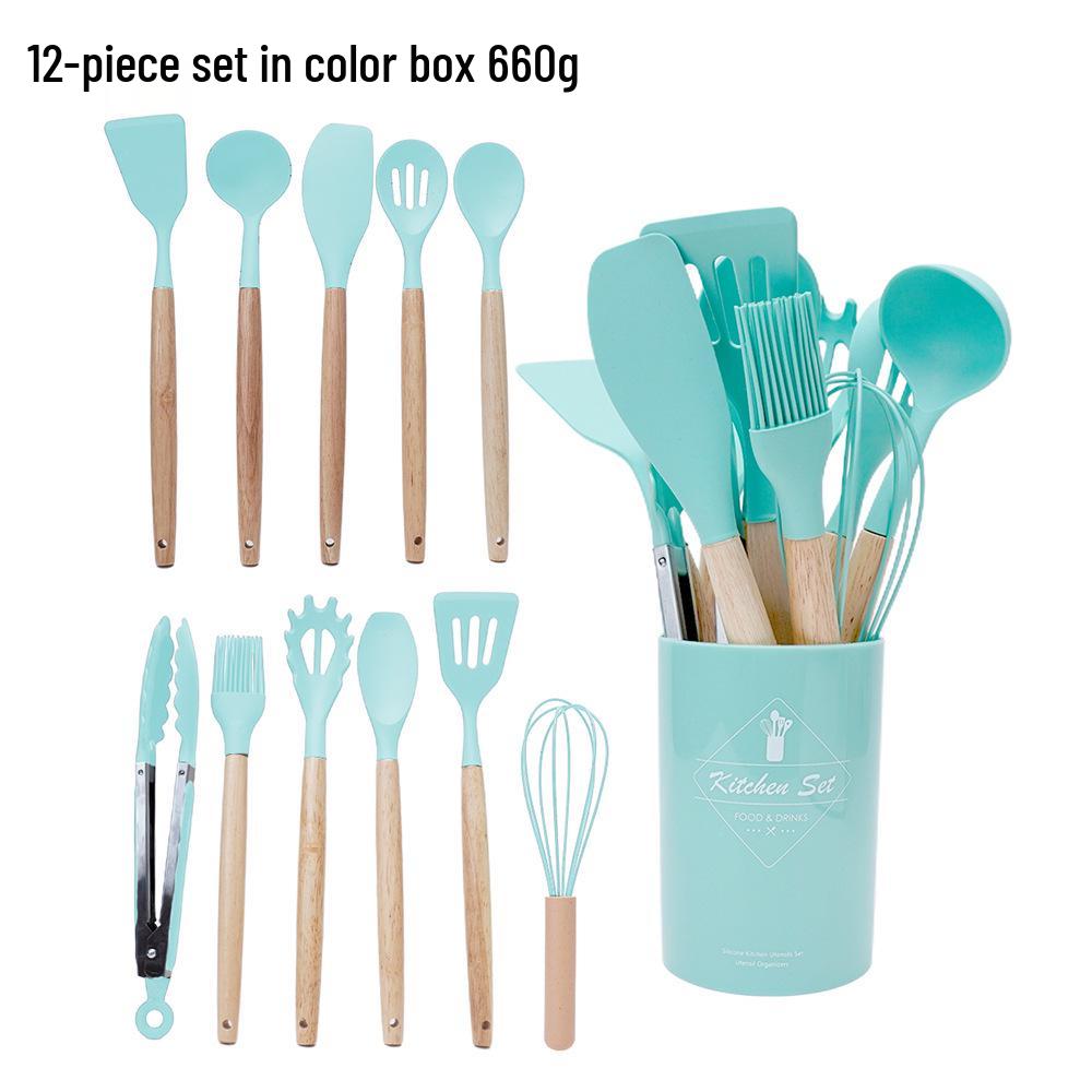 14-Piece Non-Stick Silicone Kitchenware Set with Wooden Handles
