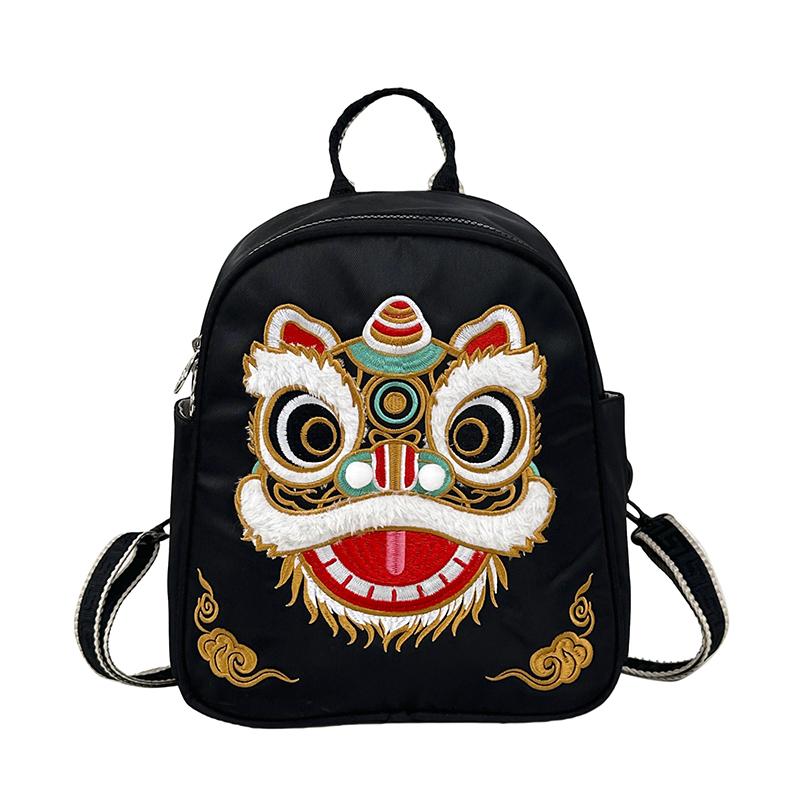 

Lion Dance Ethnic Style Large Capacity Backpack Embroidered Cartoon Backpack чорний