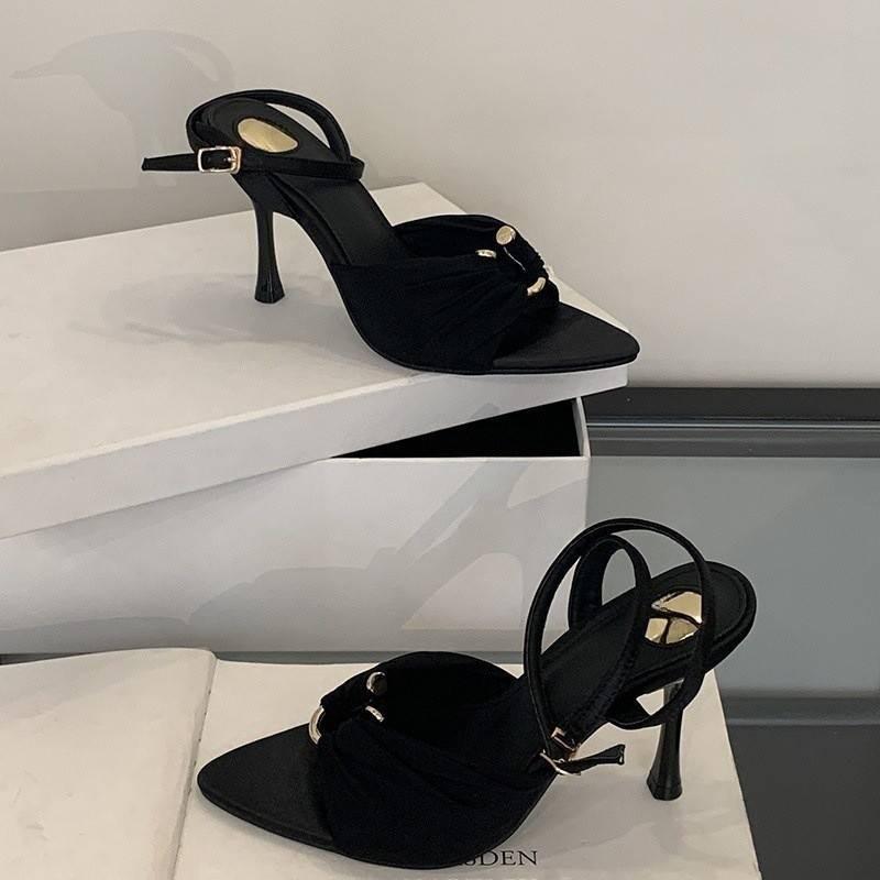 Fashion New Summer Luxury Pointed Toe Thin High Heels Fashion Pleated Metal Buckle Strap Women Sandals Banquet Party Female Mules Shoes