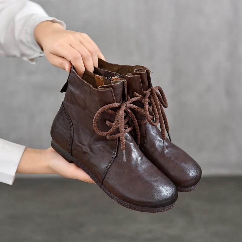 Johnature Bottes courtes plates à bout rond en cuir véritable, chaussures à lacets à semelles souples pour femmes