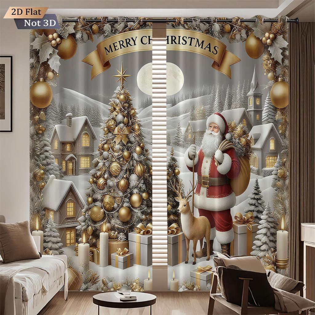 2 Christmas Tree Santa Claus Print Perforated Blackout Curtains Various Size Living Room Insulation Decoration Machine Washable