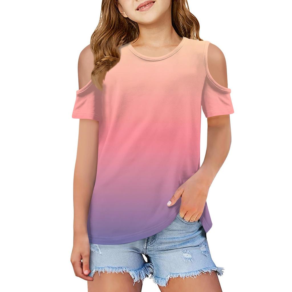 Children summer fashion T-shirt dew shoulder round collar gradient leisure coat