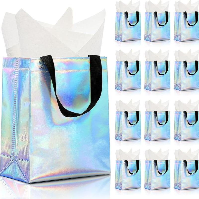 5/10Pcs Glossy Rainbow Gift Bag 4.7In*11In*13In Reusable With Handles & Base For Birthday Wedding Christmas Party
