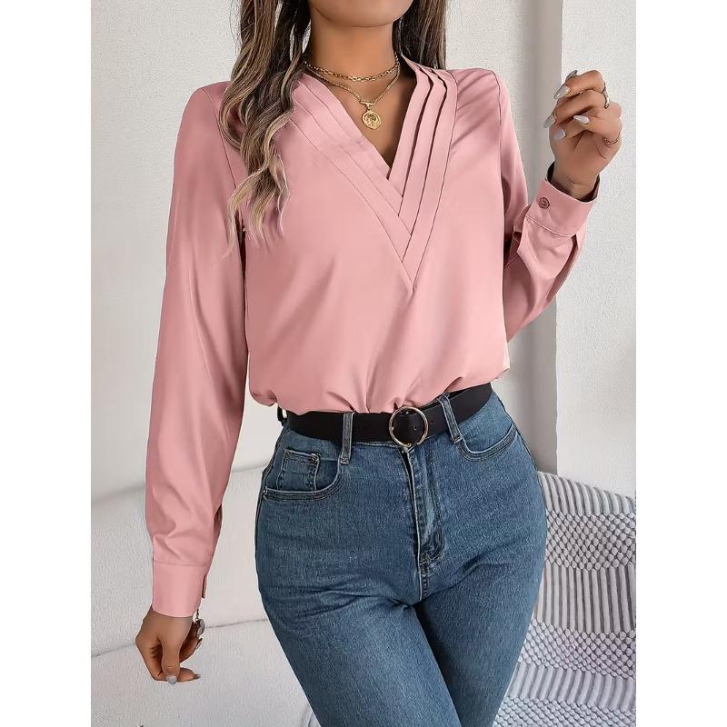 Womens Dressy Casual Shirts Long Sleeve Layered V Neck Solid Elagant Tops Fall Winter Preppy Business Office Blouse