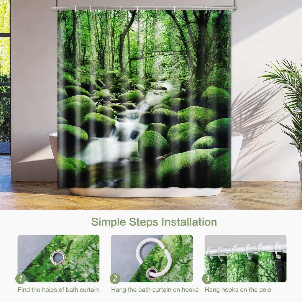Forest Stream Shower Curtain Green Moss Rocks Waterfall Nature Scene Bath Decor Waterproof Fabric Outdoor Landscape Home