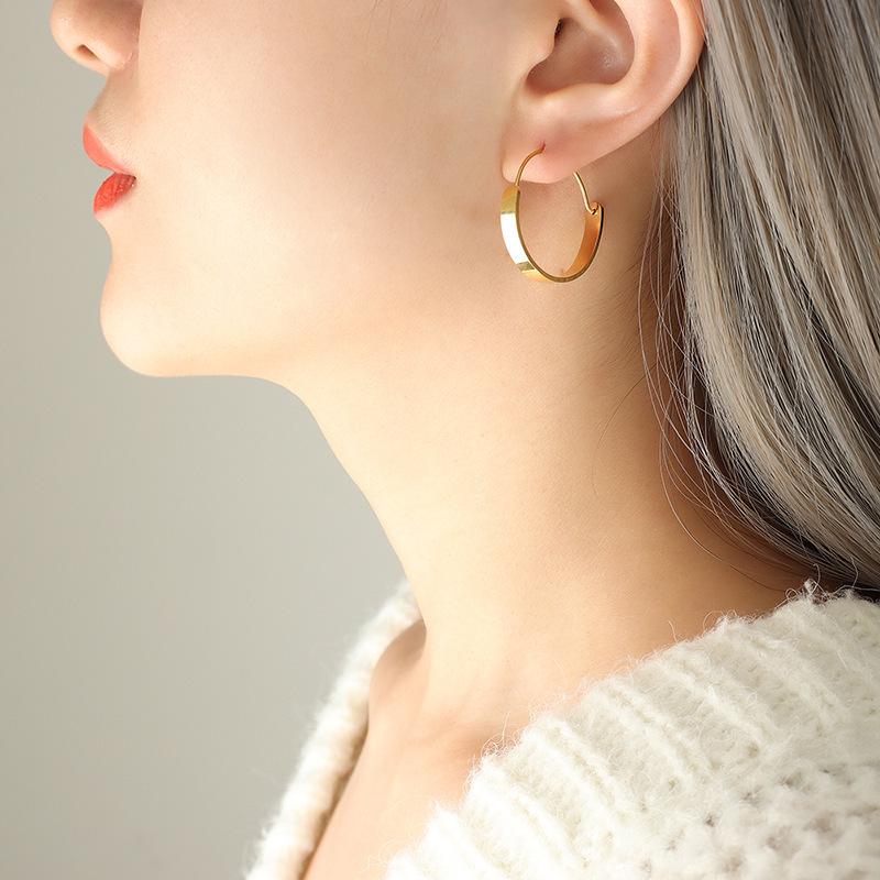 Trendy Minimalist Gold-Plated Titanium Hoop Earrings - Autumn/Winter Style F328
