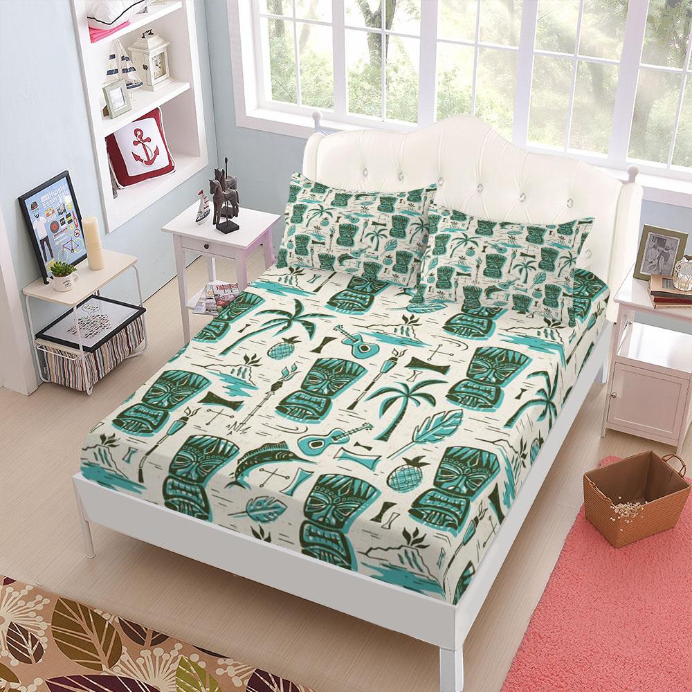 Island Tiki Retro Pattern Fitted Sheet Set King Queen Double Full Size Bed Linen Set
