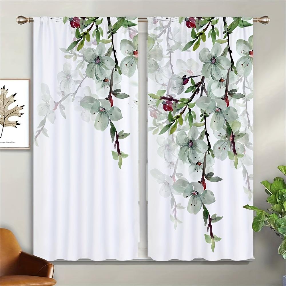 2pcs Nordic Green Plant Leaves Curtains-Light-Filtering WindowTreatment for Kitchen, Living Room, Office, and Bedroom Decor