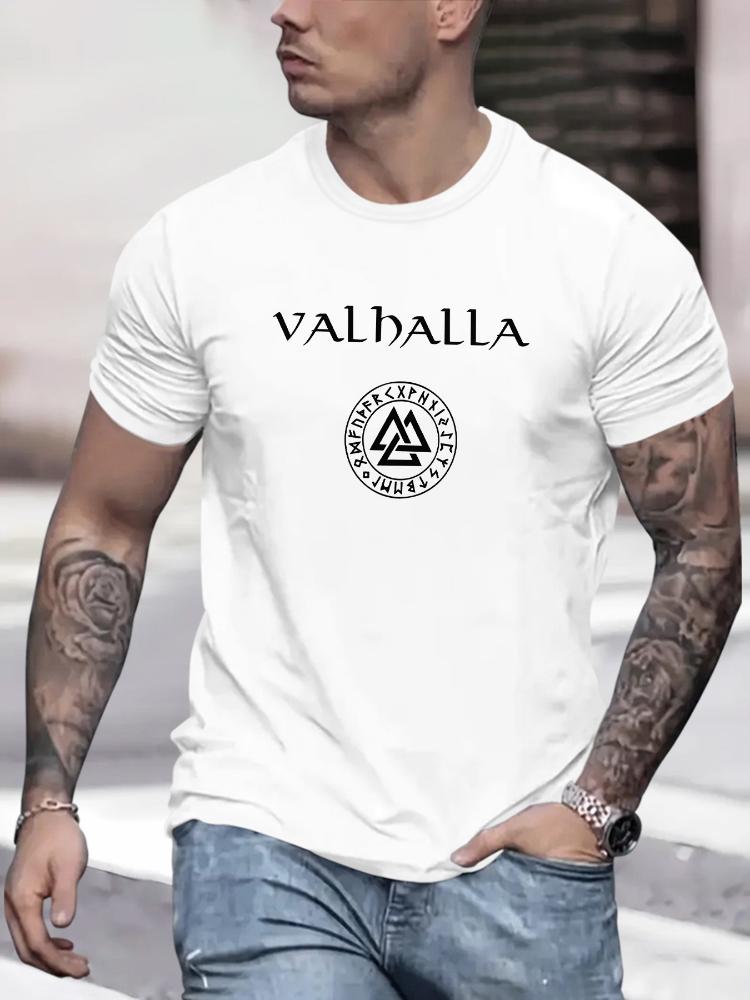 

Mens Valhalla Nordic stylecasual round neck cotton shortsleeved Tshirt printed with Nordic warrior logo and axe pattern S