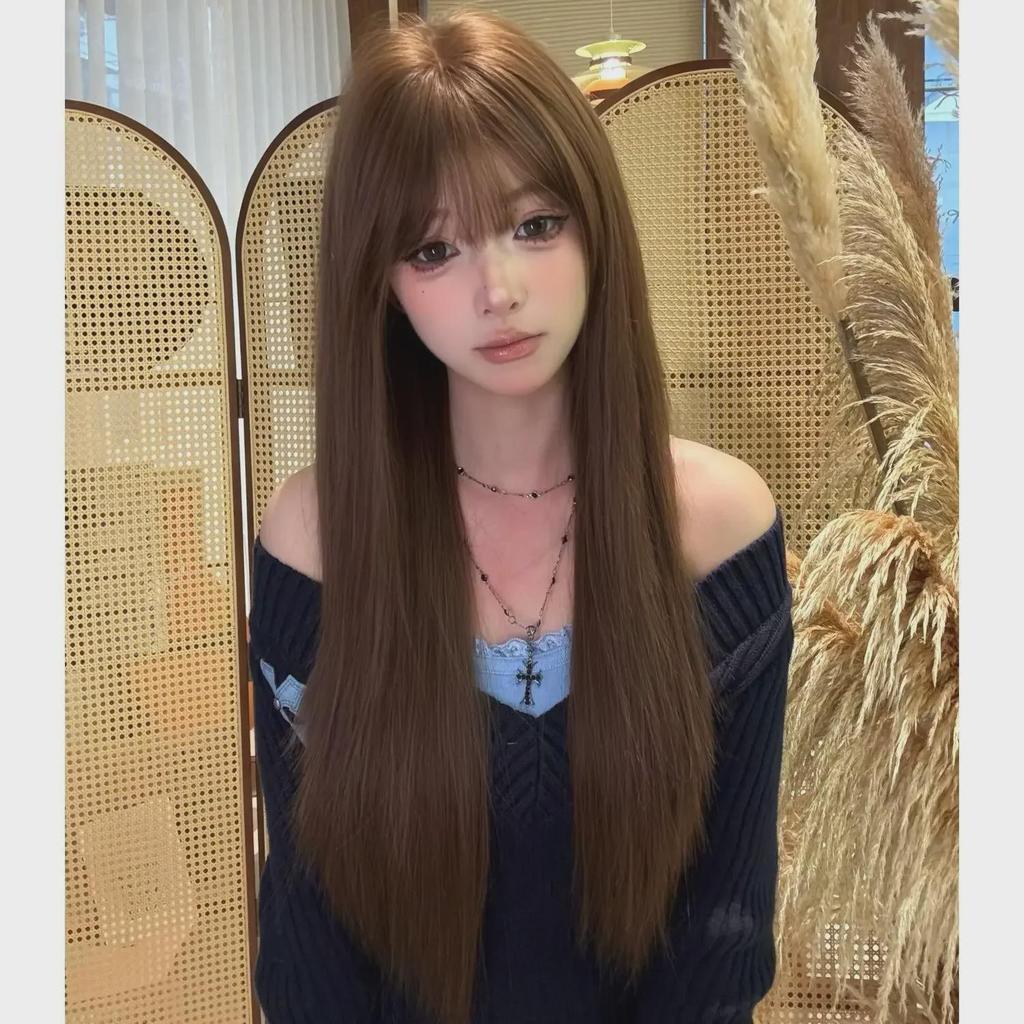 Yuan Yang Honey Tea Linen Long Straight Wig - Realistic, Fluffy, and Natural-Looking Bangs for Women.