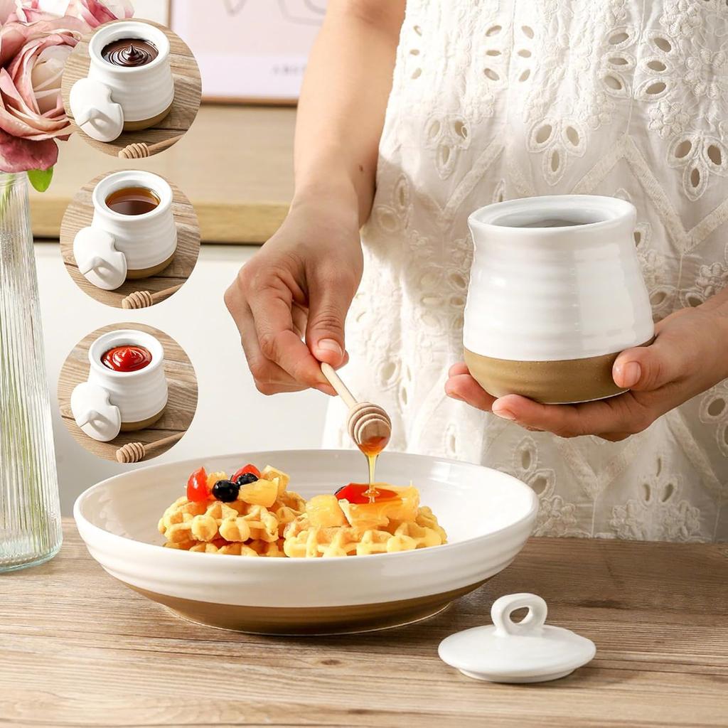 Ceramic 12 Ounce Honey Jar and Dipper Set,Porcelain Honey Pot with Lid and Wooden Dipper,Cute Honey Containers for Party,Holiday,Halloween