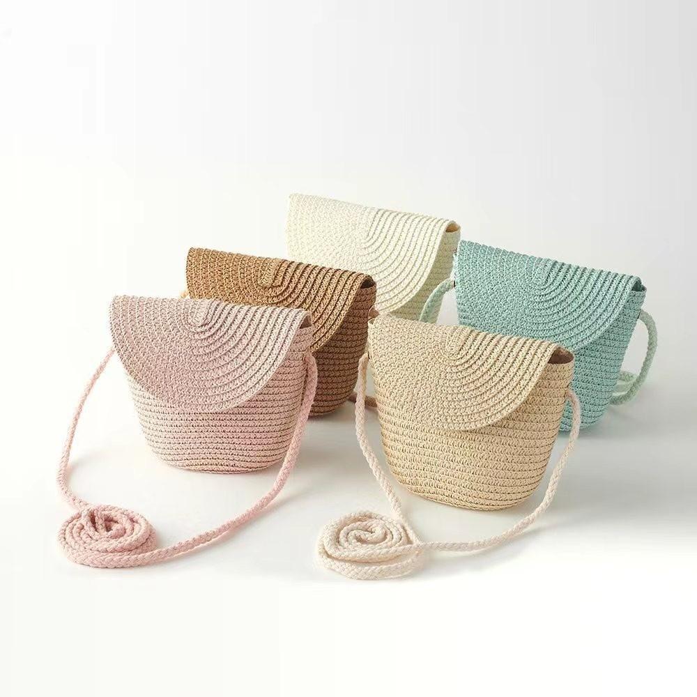 Handmade Children Straw Bag Pure Color Rattan Bag Fashion Handwoven Beach Bag Girls