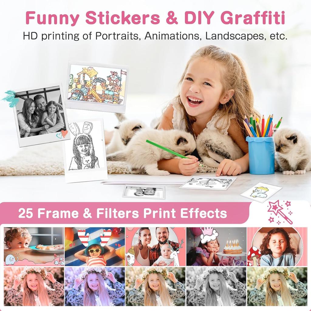 Kids Camera Instant Print, Dual-Lens 48MP Digital Camera for Christmas Birthday Gifts, 1080P Selfie Instant Cameras for Kids with 32GB Card, Instant