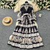 Frühling Herbst Frauen Große Größe Vintage Print Einreiher Lange Maxi Urlaub Party Kleider mit Gürtel