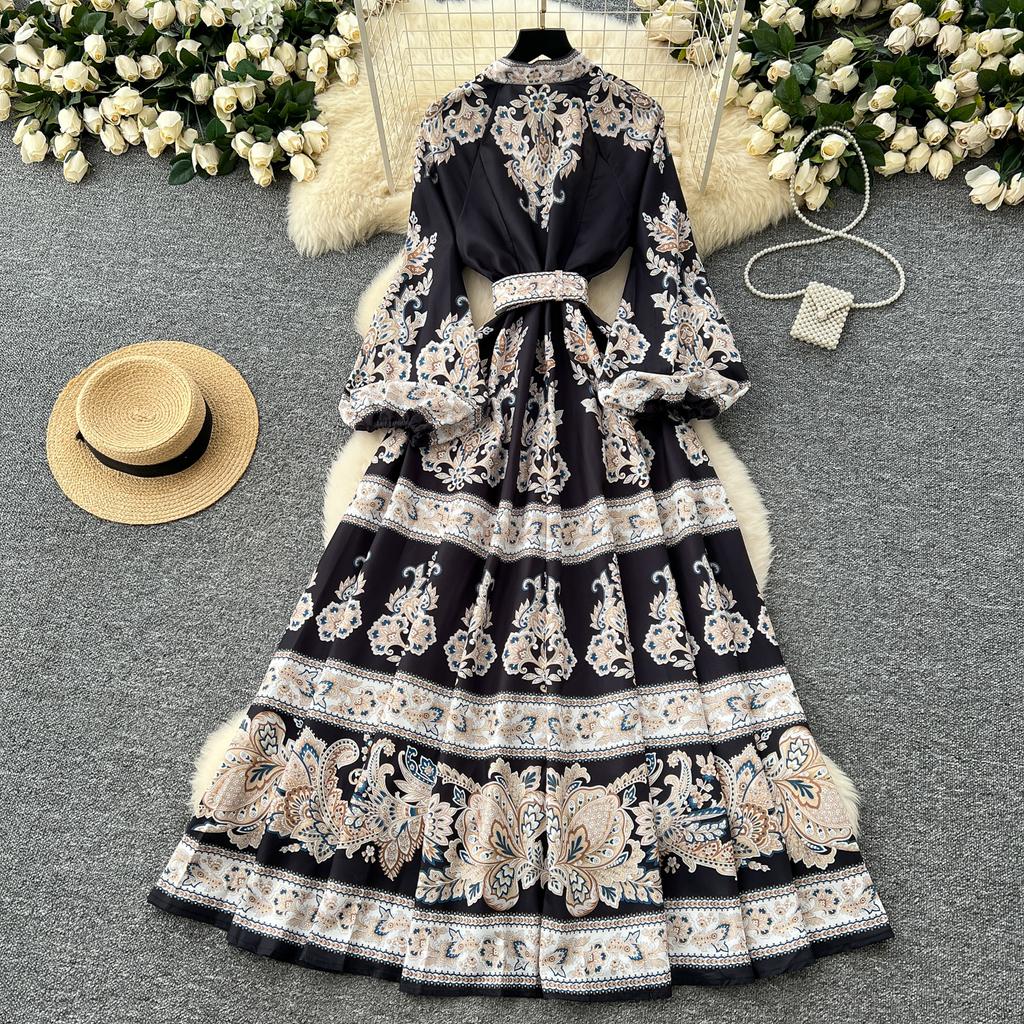 Frühling Herbst Frauen Große Größe Vintage Print Einreiher Lange Maxi Urlaub Party Kleider mit Gürtel