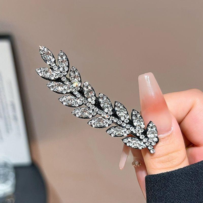 Vintage Elegant Alloy Wheat Ear Hairpins Crystal Embellished Leaf-Shaped Hair Clips Solid Color Duckbill Ideal for Valentine'S Day Gift