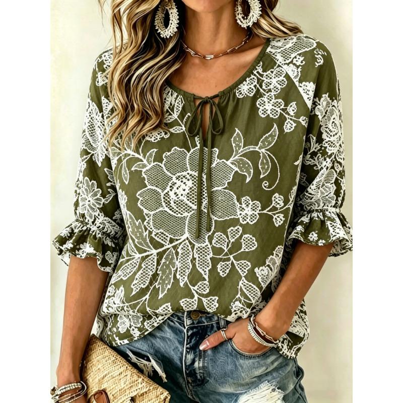 Women's Brown Lace Floral Print Tie Front Blouse, Casual Loose Top for Spring Summer Daily Wear
