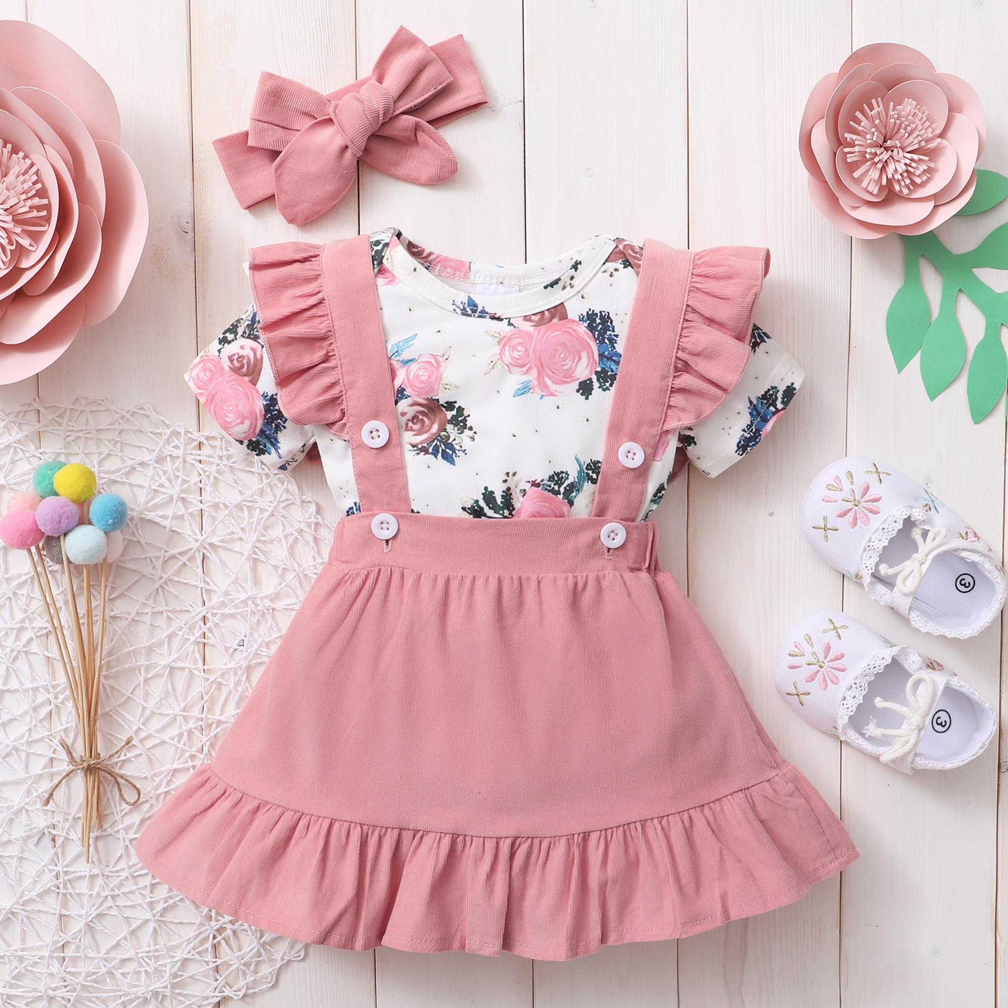 

3Pcs Baby Girl Beautiful Flower Bodysuit Ruffled Shoulder Strap skirt+Headband Set 0-24 Months Toddler Baby Girl Summer Set 18-24M