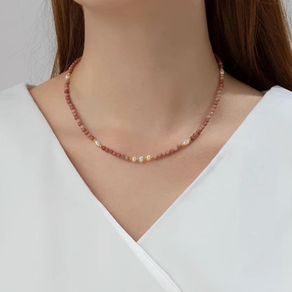 Pink natural stone beaded necklace temperament versatile freshwater pearl collarbone chain neck chain commuting fashion