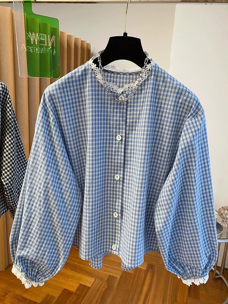 Women's Long Sleeve Korean Plaid Shirt with Lace Ruffles - Black & White, Spring 2026