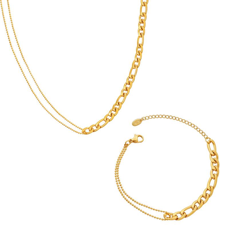18K Gold Plated Bead Patchwork Necklace & Bracelet Set in Titanium Steel, European & American Fashion.