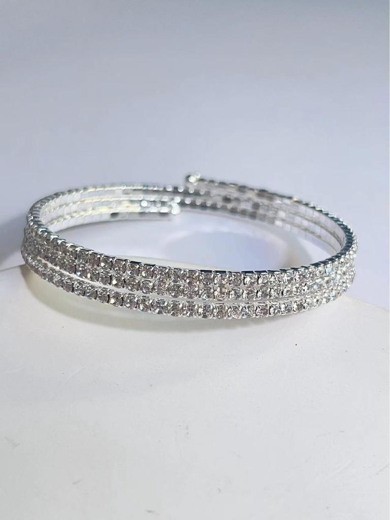 European & American Luxury Full Diamond Open Bangle - Three-Layer Rhinestone Spring Bracelet for Women, 2MM, Fashionable & Versatile High-End Jewelry.