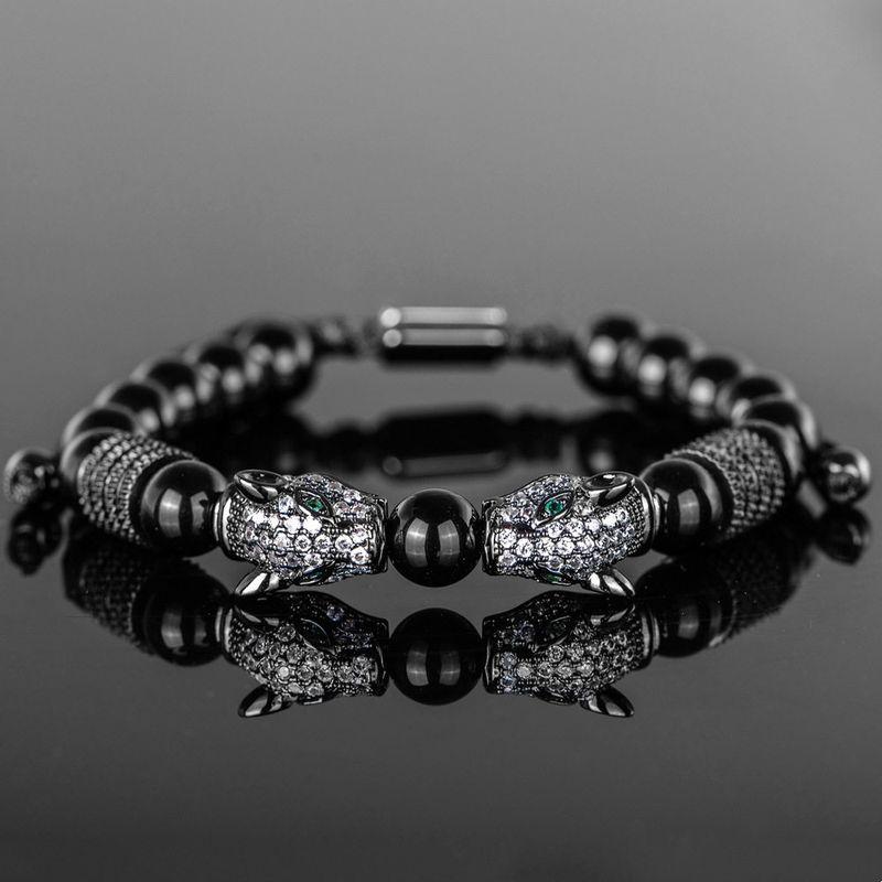 Men Black Double Leopard Head Braided Bracelet Stainless Steel Roman Numeral Bracelet Suit Fashion Retro Style