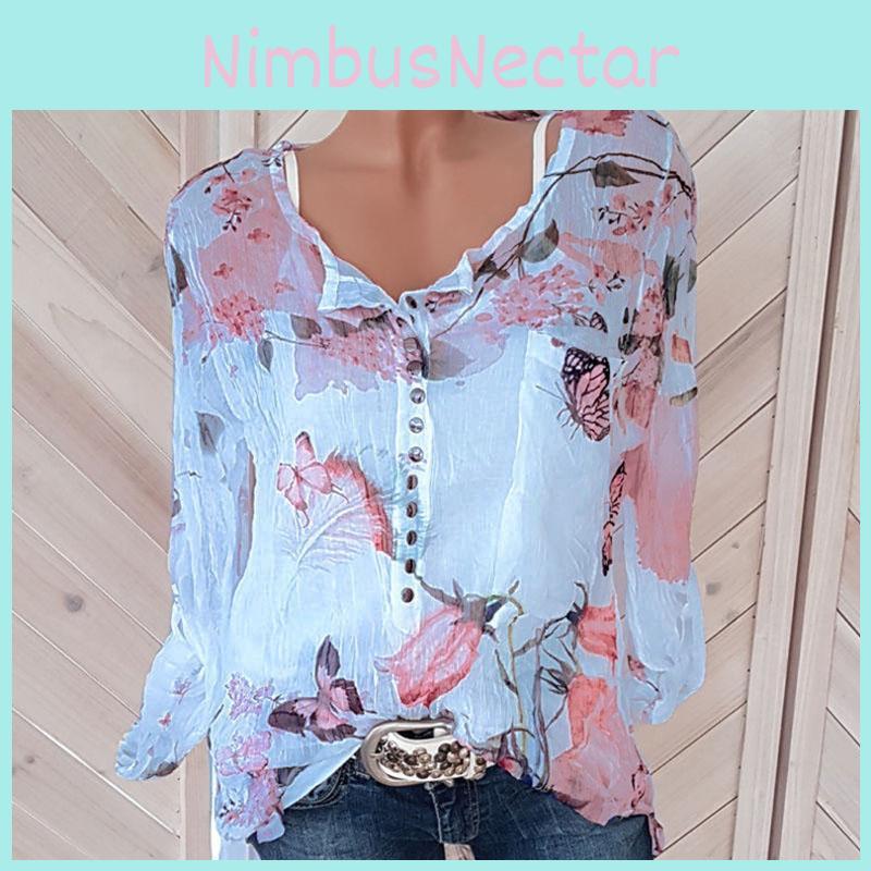 Stylish Women Casual Floral Printed Buttons T-shirt Ladies Chiffon Irregular Tops Blouse