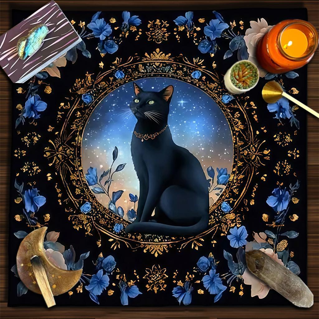 Colorful Mandala Black Cat Altar Cloth Tarot Tablecloth Witchcraft Cat & Moon Starry Sky Divination Cloth Tarot Mat Home Decor
