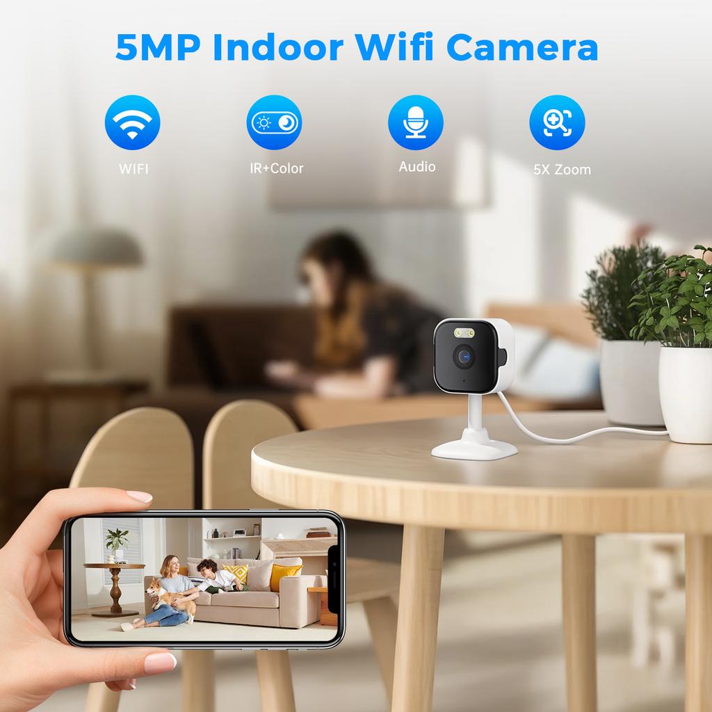 OKAM PRO APP Kamera Domowa HD 5MP Mini 5G WiFi Kamera Wewnętrzna z Wykrywaniem Ludzi 5X ZOOM Niania 24/7 Nagrywanie Wideo CCTV