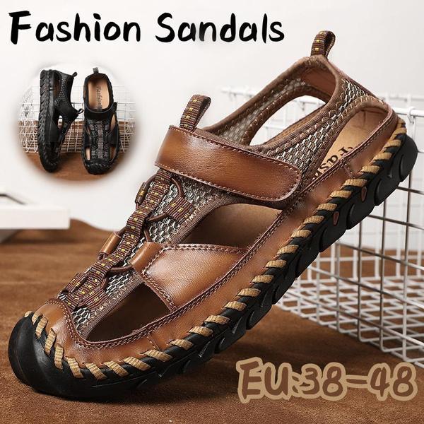 38-48 Casual Summer Breathable Sandals for Men Handmade Hollow Out Flat Leather Sandals Beach Shoes Wading Sandals Genuine Fashion Oxfords