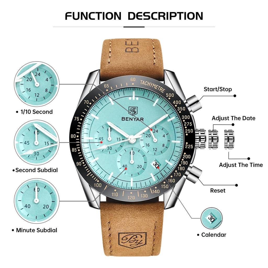 BY BENYAR Chronograph Analog 30M Water Leather Strap Quartz Brown and Perfect Gift for Men Men's Watch, Resistant, Simple, Stylish, Popular, Formal,