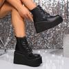 Women Punk Boots Heel Chunky Motorcycle Boots Sexy Nightclub Party Shoes Mid-Calf Lace Up Casual Outdoor Shoes For Female 35-42
