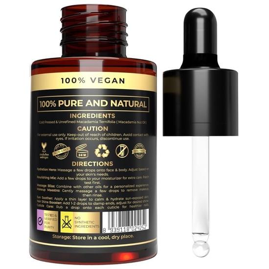 100% Plant Based Pure & Natural Macadamia Oil for Skin and Hair with Glass Dropper | Perfect Macadamia Nut Oil for Skin Moisturization